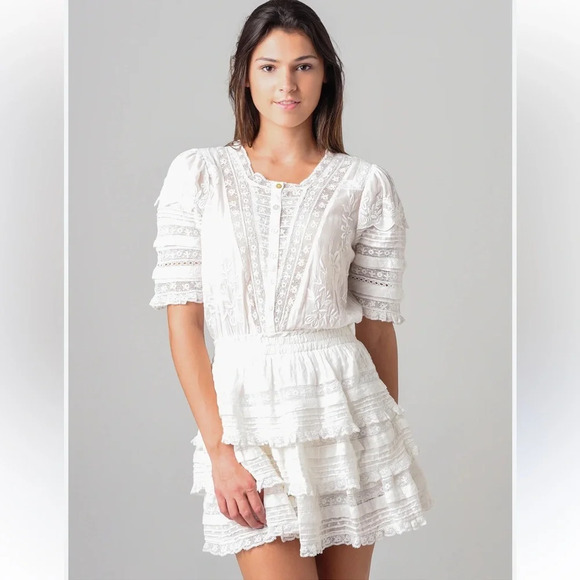 LOVESHACKFANCY Quincy Mini Dress Embroidered Ruffle Dress Size Medium EUC - Picture 1 of 12